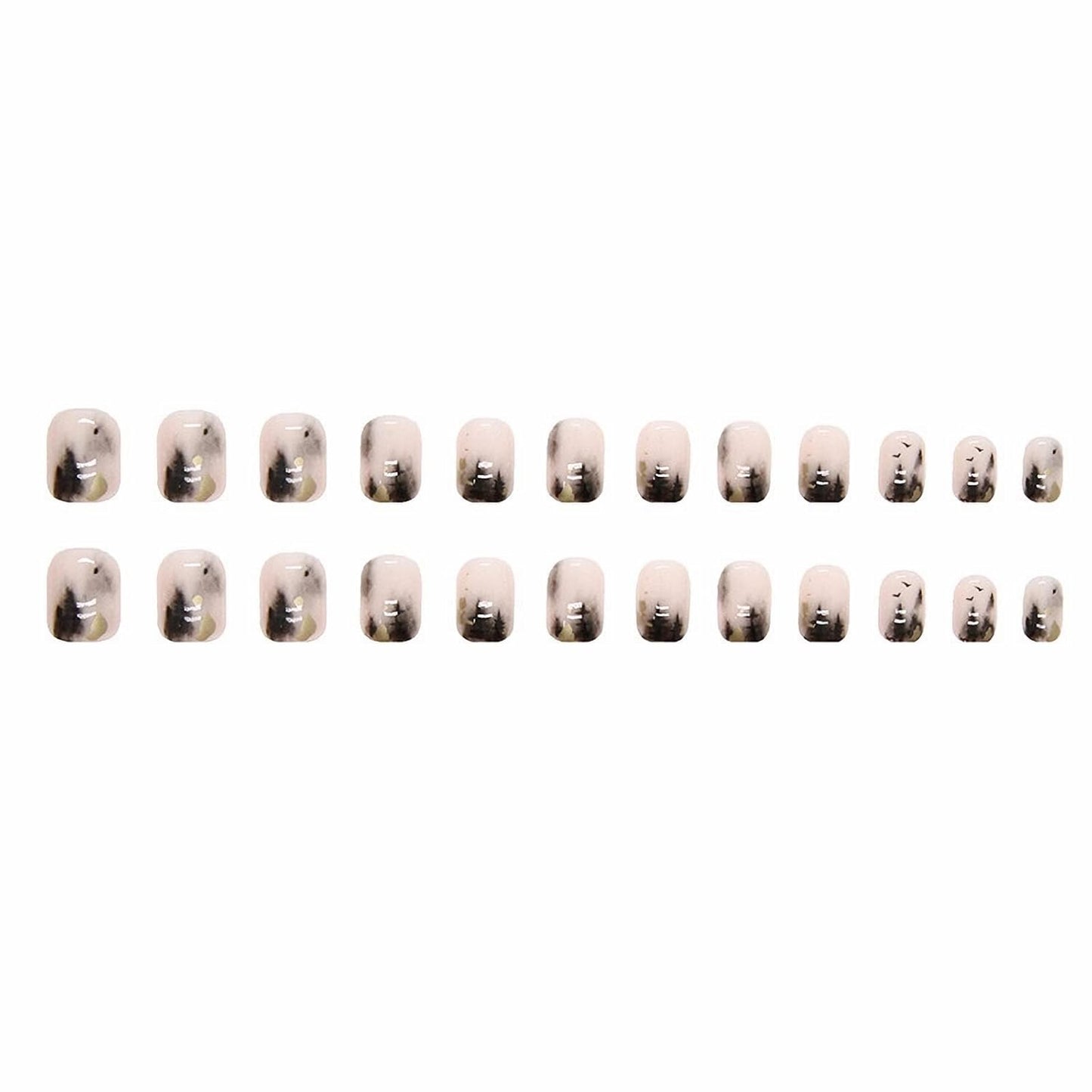 Short Square Press on Nails Squoval Fake Nails Glossy Glue on Nails Black Gradient Acrylic Nails Ink Painting Artificial Nails Bling Gold Foil Stick on False Nails with Design 24 Pcs