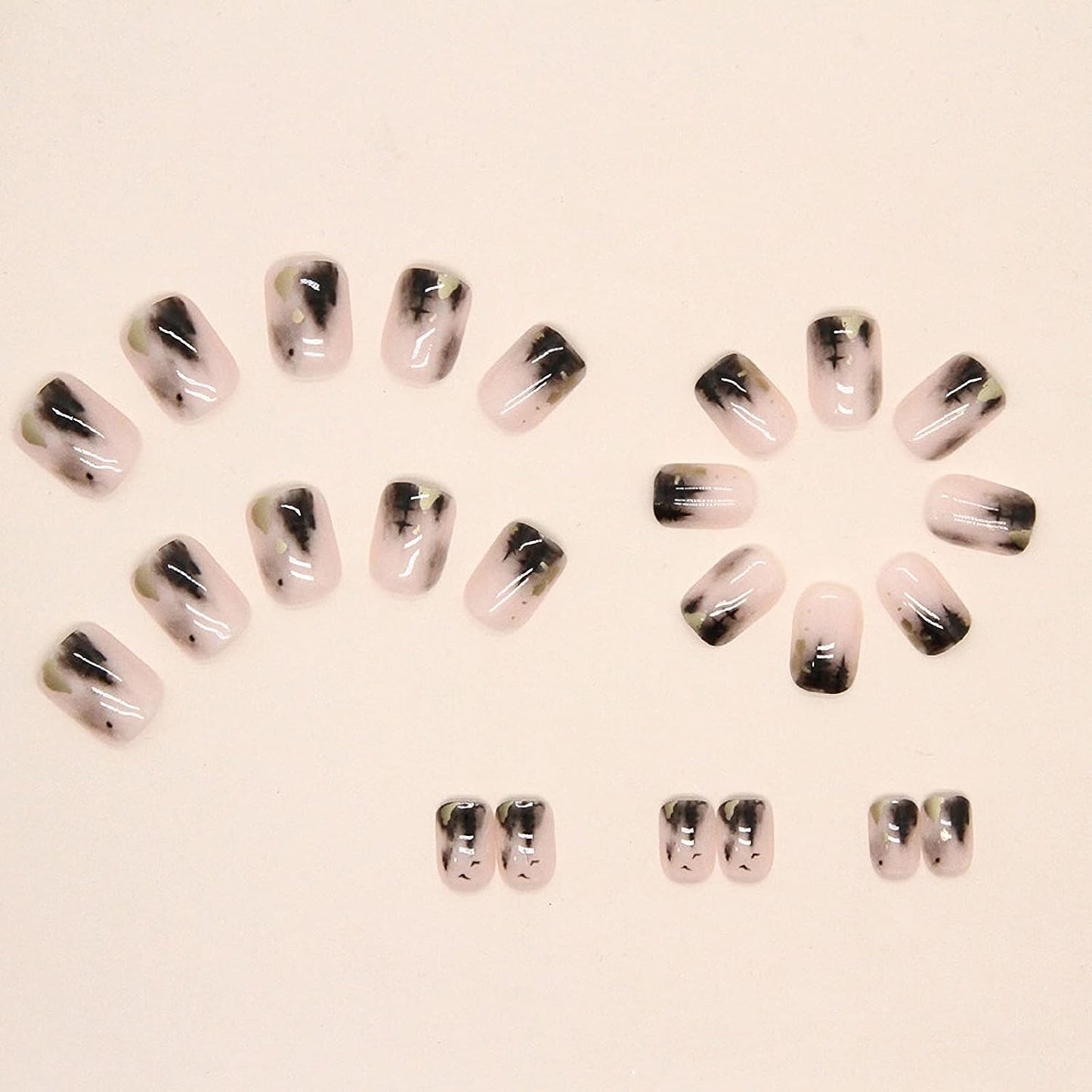 Short Square Press on Nails Squoval Fake Nails Glossy Glue on Nails Black Gradient Acrylic Nails Ink Painting Artificial Nails Bling Gold Foil Stick on False Nails with Design 24 Pcs