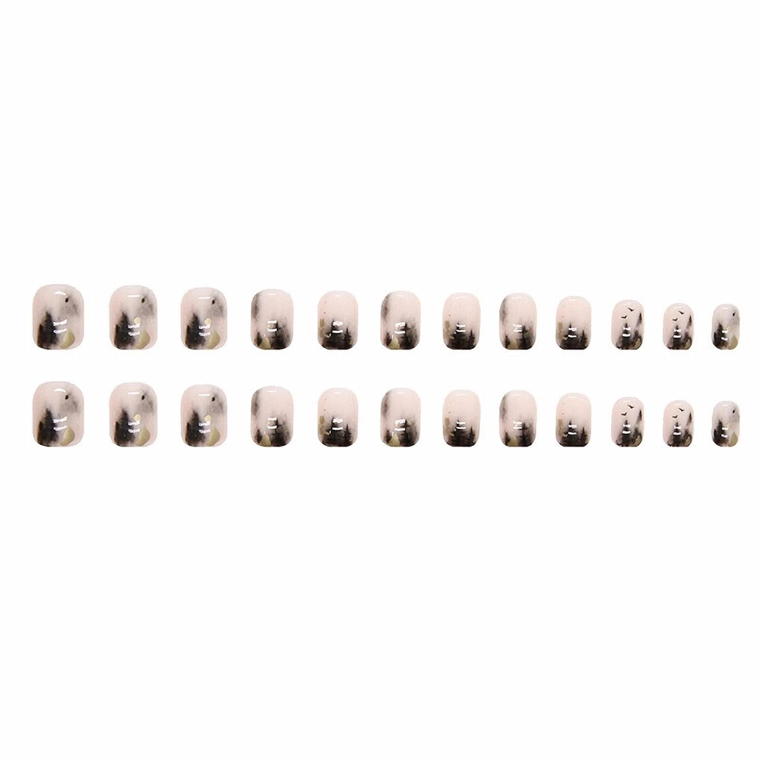 Short Square Press on Nails Squoval Fake Nails Glossy Glue on Nails Black Gradient Acrylic Nails Ink Painting Artificial Nails Bling Gold Foil Stick on False Nails with Design 24 Pcs