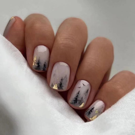 Short Square Press on Nails Squoval Fake Nails Glossy Glue on Nails Black Gradient Acrylic Nails Ink Painting Artificial Nails Bling Gold Foil Stick on False Nails with Design 24 Pcs