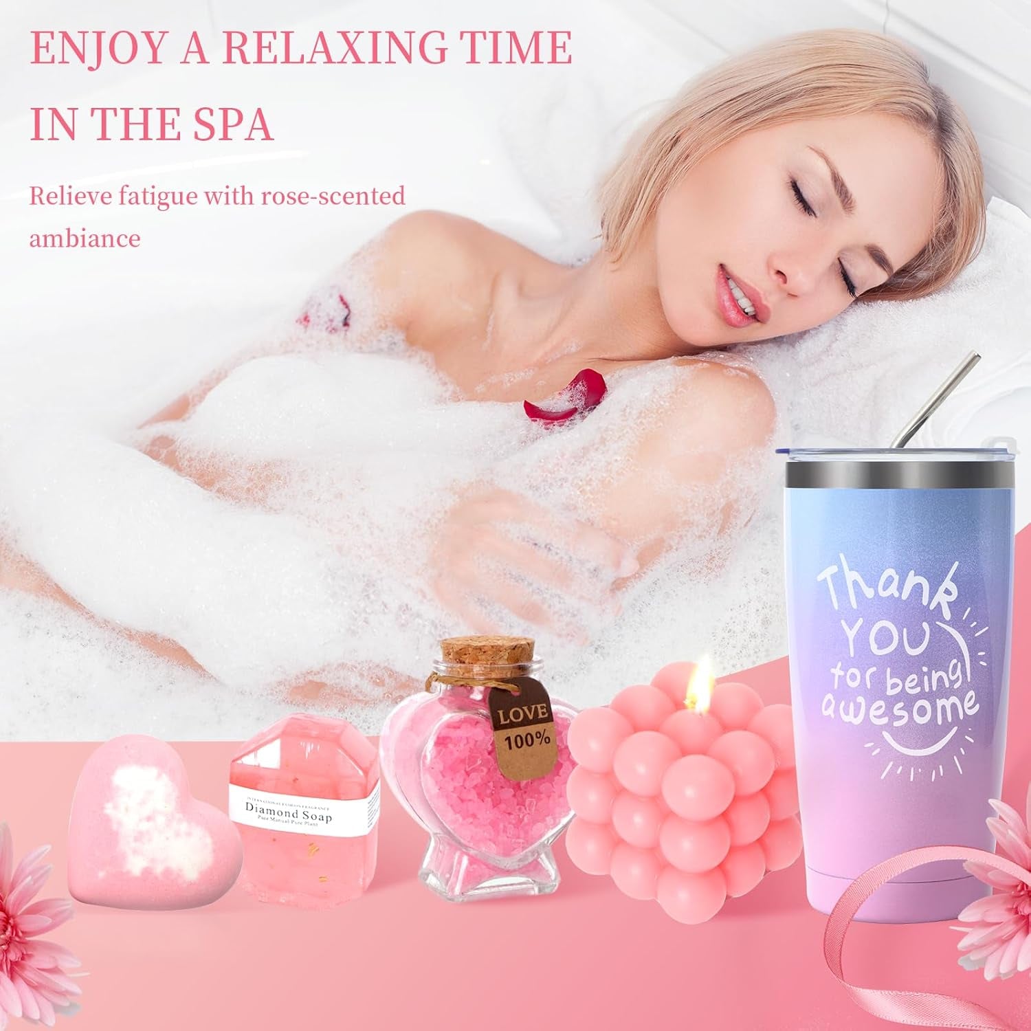 Birthday Gifts for Women, Thank You for Women Mothers Day Gifts for Mom Wife Sister Girlfriend Her -Pink Rose Spa Gift Basket Set